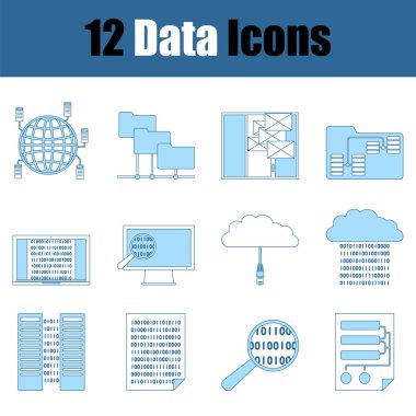Veri Simgesi Ayarlandı. Mavi Dolgu Tasarımı ile ince çizgi. Vektör İllüstrasyonu.
