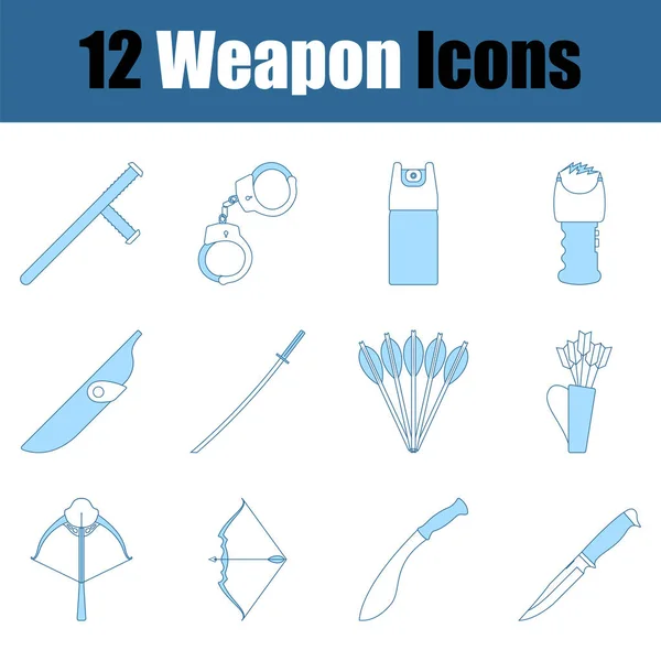 Conjunto Iconos Armas Línea Delgada Con Diseño Relleno Azul Ilustración — Vector de stock