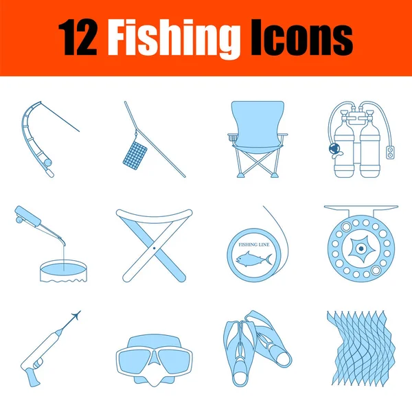 Fishing Icon Set Thin Line Blue Fill Design Vector Illustration — Stock Vector