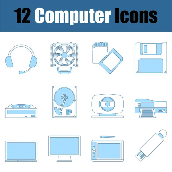 Conjunto Iconos Computadora Línea Delgada Con Diseño Relleno Azul Ilustración — Vector de stock