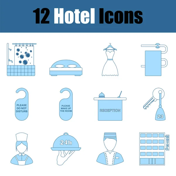 Hôtel Icône Set Ligne Mince Avec Conception Remplissage Bleu Illustration — Image vectorielle