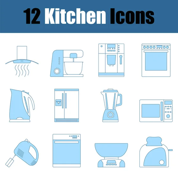 キッチンアイコンセット 青い塗りつぶしデザインの細い線 ベクターイラスト — ストックベクタ