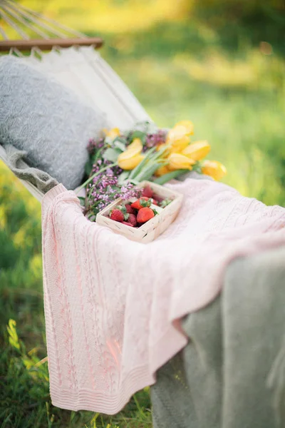 Våren Picknick Naturen Blommande Trädgård Hängmatta Med Jordgubbar Och Blommor — Stockfoto