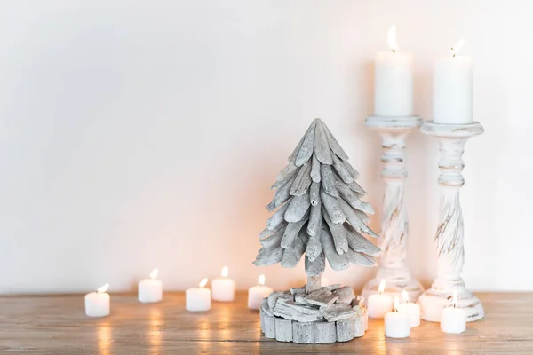 Wooden Decorated Christmas Tree Candles Place Text Hand Made Festive — Stock Photo, Image