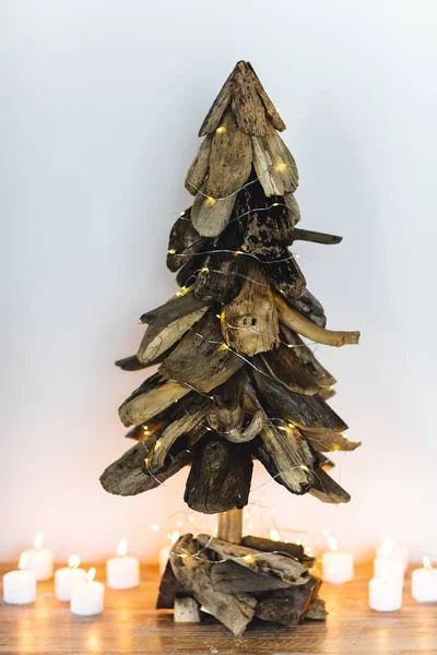 Arbre Noël Décoré Bois Avec Des Bougies Place Pour Texte — Photo