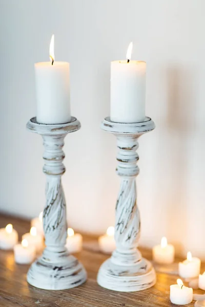 Candeliere Legno Bianco Con Candele Posto Testo Hygge — Foto Stock