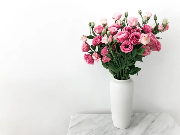 White Vase Beautiful Eustoma Flowers Marble Table — Stock Photo, Image