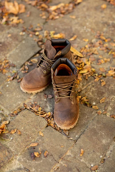 Herfst Bruine Schoenen Een Rugzak Staan Een Plank Hal Van — Stockfoto