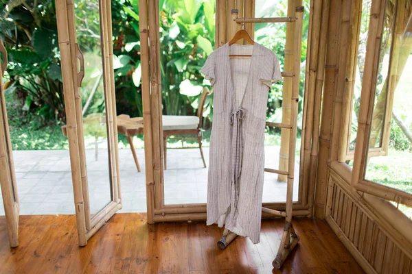 Grey Linen Dress Hanging Hangman Bamboo House Room Summer Natural — Stock Photo, Image