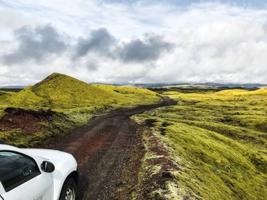 Arabadan İzlanda yol ve dağlar için görüntüleyin. Nerede eski bir lav akışı kayalardan üzerinde büyüyen kalın yeşil yosun dışında bir minyatür huş ağacı pokes Güney İzlanda'daki Lakagigar