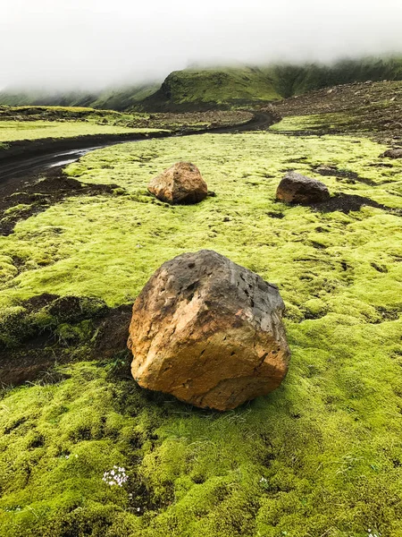 アイスランド 地熱エネルギーと緑の苔覆われた溶岩フィールド — ストック写真