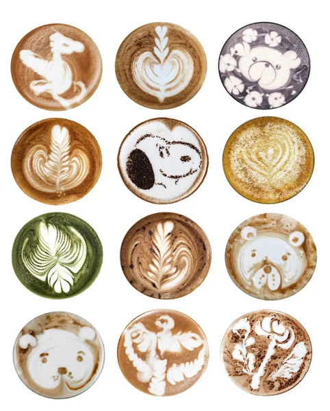 Collage Latte Art Pictures White Background Isolated Coffee Latte Art — Stock Photo, Image