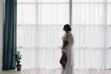 Pencerenin yanında seksi dantel iç çamaşırı giyiyor, şehvetli genç bir kadın portresi