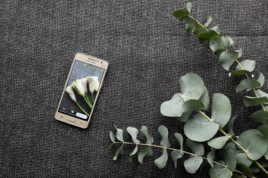 Fotoğraf üstünde hareket eden telefon. Siyah bir arka plan üzerinde öğelerin düzeninden.