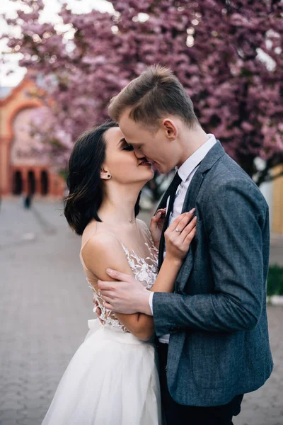 Abraços de noiva e noivo no dia do casamento — Fotografia de Stock