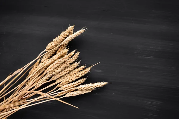 Several spikelets lie next to each other on the table. Ripe wheat and whole grains — Stock Photo, Image