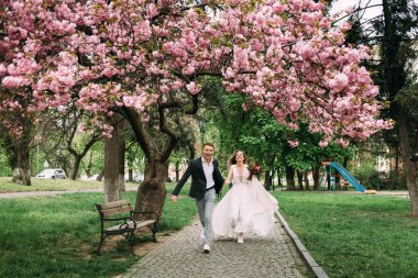 mutlu ve komik yeni evliler çiçekli ağaçların bir cadde boyunca el ele koşmak