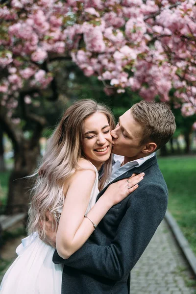 Hermoso chico en un traje besa a una chica en la mejilla en un vestido blanco bajo un cerezo floreciente . —  Fotos de Stock