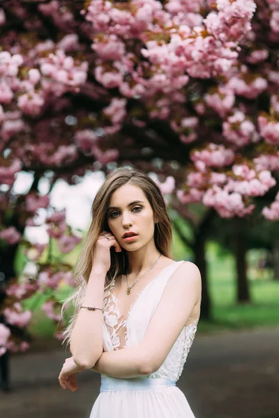 Ritratto della sposa sullo sfondo di un albero in fiore . — Foto Stock