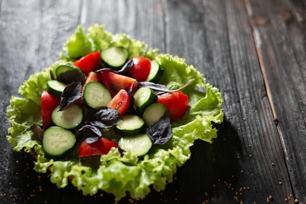 A plate of delicious spring salad with vegetables and green leaves, olive oil, spices — Stock Photo, Image