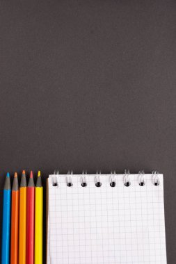 karanlık bir arka plan üzerinde pedantically düzenlenmiş kırtasiye. Not defteri ve kalemler siyah bir arka plan üzerinde yatıyor.