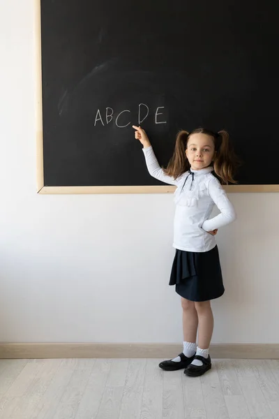 Portrait Une Écolière Avec Des Tresses Elle Tient Près Tableau — Photo