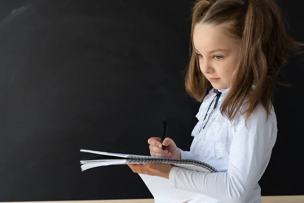 Une écolière se tient devant le tableau. Elle prend des notes dans un carnet avec un crayon. Elle porte un uniforme scolaire. La planche est propre et noire. Place pour une inscription . — Photo