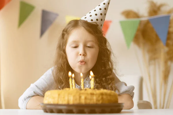 Little Blonde Girl Smiling Birthday Pink Cap Chocolate Birthday Cake Stock Picture