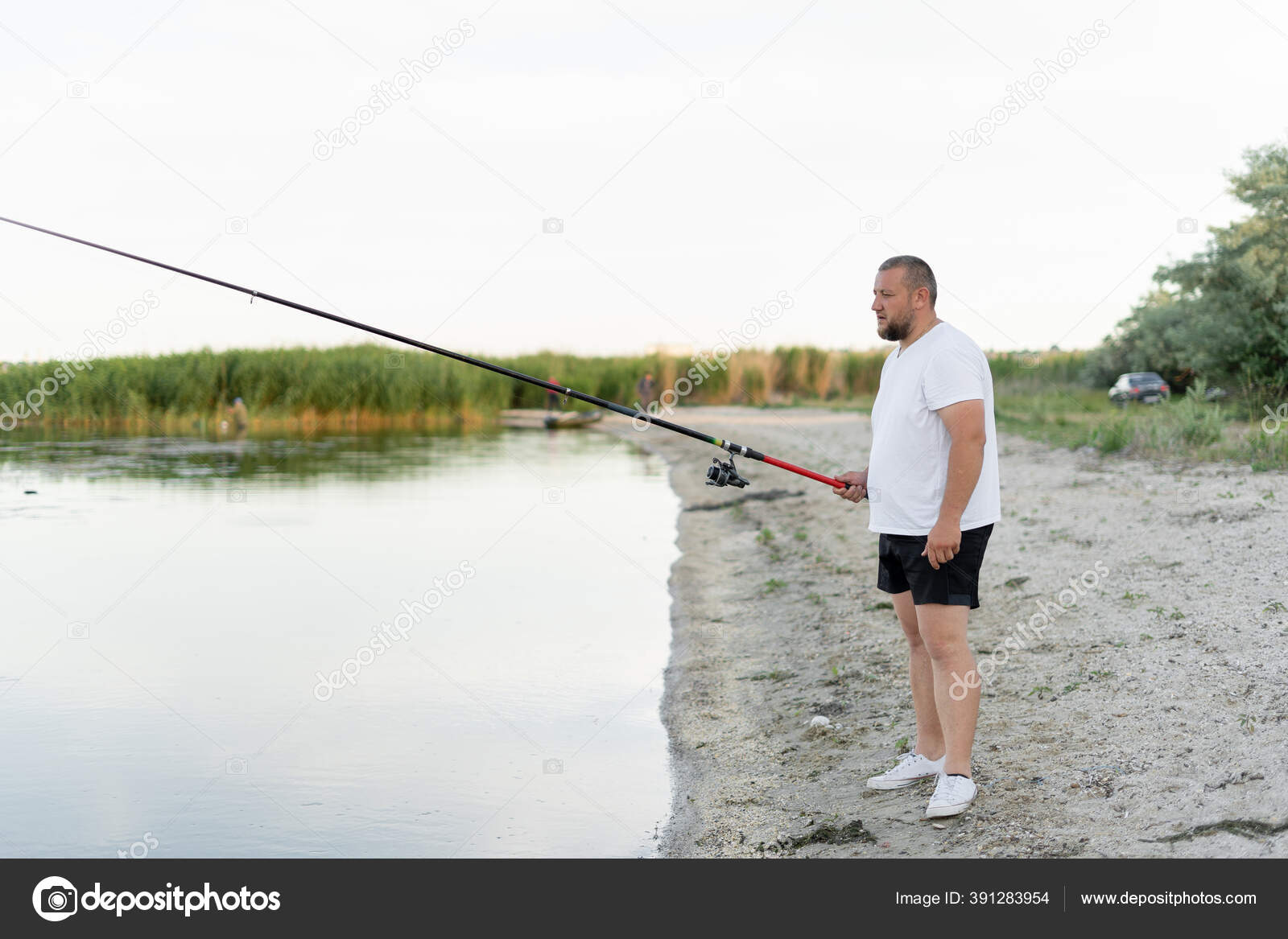 Man Fishing Summer Dressed Man Fishing Rod His Hands Fishing Stock