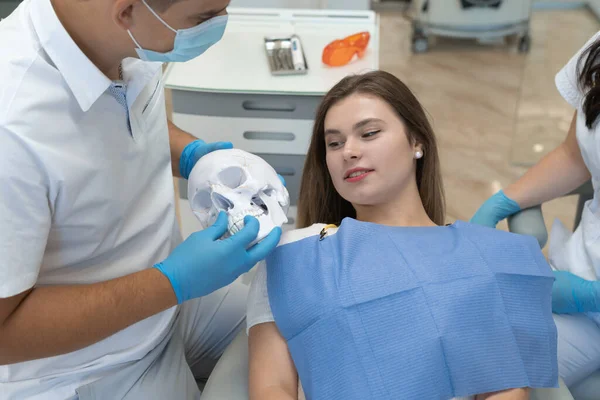 Beautiful Young Woman Having Dental Treatment Dentist Office Doctor Showing — Stock Photo, Image