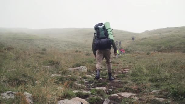 Mannelijke toerist met een grote rugzak klimt de berg op. Wandelconcept — Stockvideo