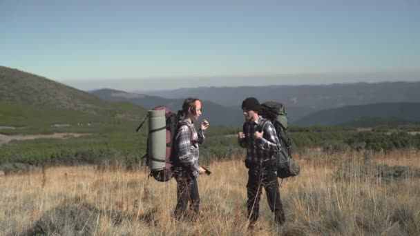Ein Mann und eine Frau auf dem Gipfel des Berges freuen sich über das erreichte Ziel — Stockvideo