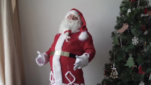 Retrato do feliz Papai Noel. Fica perto da árvore de Natal, põe as mãos no estômago e ri alegremente — Vídeo de Stock