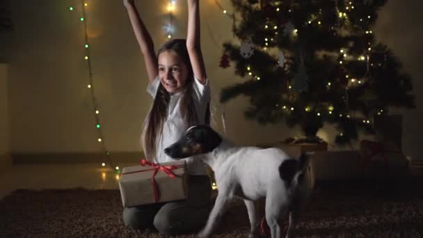 Ένα κοριτσάκι κάθεται κοντά στο χριστουγεννιάτικο δέντρο, σηκώνει τα χέρια ψηλά, χαίρεται με το δώρο. Παπαγάλος — Αρχείο Βίντεο