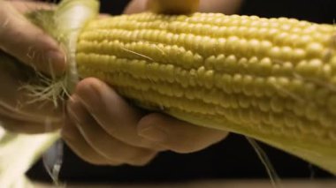 Erkek ellerinin yakın çekimi mısır kabuklarını soyar. Vejetaryen yemeği. Boşluğu kopyala
