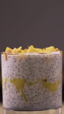 Chia seed pudding with peach slices healthy breakfast or dessert Close-up