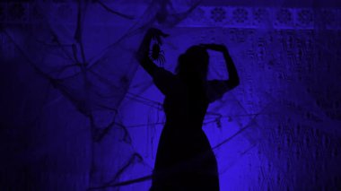 silhouette woman dancing in a massive web during halloween party. copy space