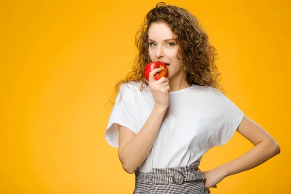 Closeup Portrait Pretty Caucasian Girl Curly Hair Red Apple Isolated — Stock Photo, Image