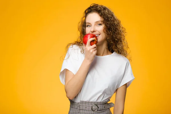 Closeup Portrait Pretty Caucasian Girl Curly Hair Red Apple Isolated — Stock Photo, Image