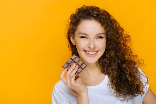 Happy Girl Chocolate Bar Pretty Smile Model Have Dental Braces — Stock Photo, Image