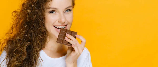 Happy Girl Chocolate Bar Pretty Smile Model Have Dental Braces — Stock Photo, Image