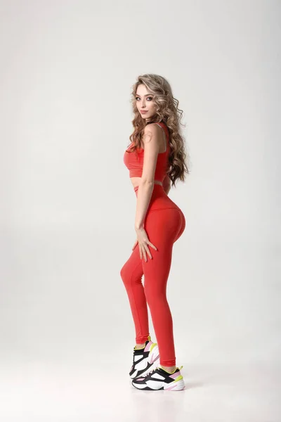 Full Length Portrait Attractive Female Sporty Shape Wearing Pink Sportswear — Stock Photo, Image