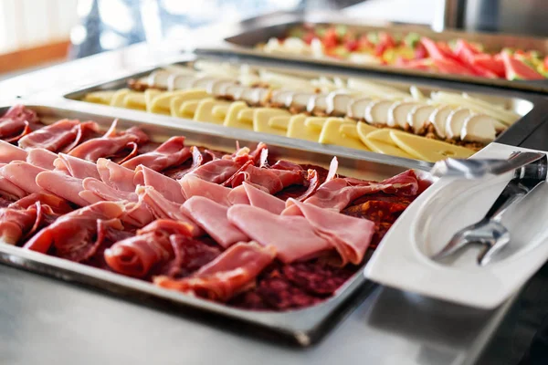 Buffet Trays Various Delicious Appetizers Close Breakfast Hotel Smorgasbord — Stock Photo, Image