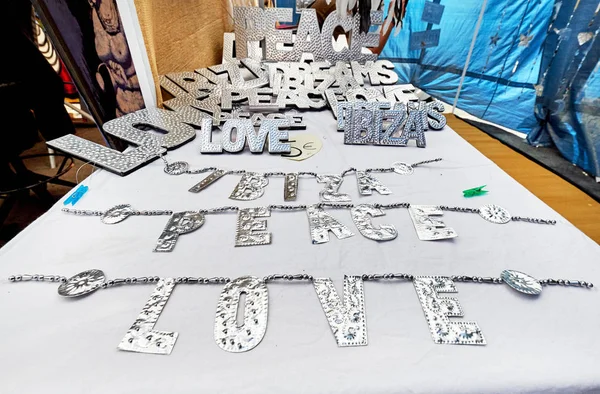 Ibiza Island Spain May 2018 Decorative Handmade Silver Words Ibiza — Stock Photo, Image