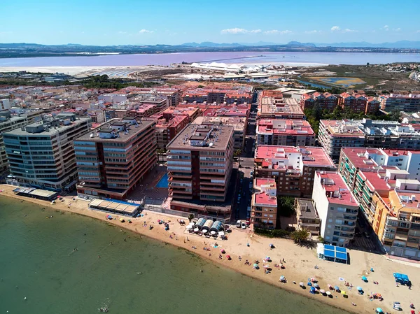 Vista Aérea Del Dron Panorámico Playa Torrevieja Las Salinas Lago — Foto de Stock