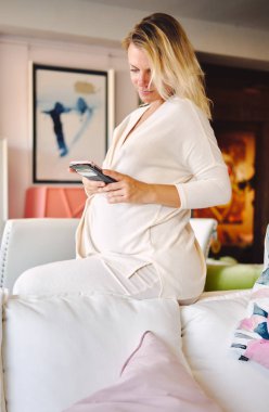 Smartphone, modern evde kanepede otururken cep telefonu kullanan mutlu gülümseyen genç hamile kadın. Ödeme faturaları, sosyal ağlar, mobil cihazlar kavramı üzerinde çalışan kişilerin iletişim