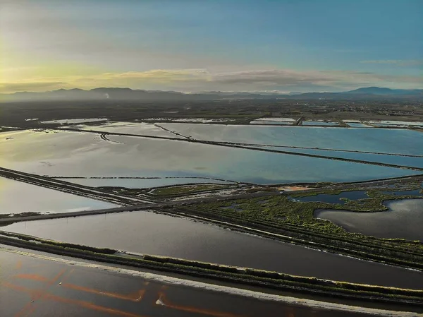 Panoramautsikt Över Flygfoto Natur Reserv Santa Pola Saltsjöar Saltproduktion Och — Stockfoto