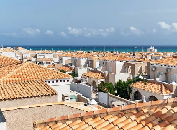 Orange Tiled Roofs Residential Houses Turquoise Mediterranean Sea Spanish Resort — Stock Photo, Image