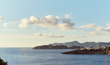 Picturesque landscape with rocky mountain range tranquil Mediterranean Sea in El Toro neighborhood. Municipality of Calvia of Majorca, Spanish autonomous community of the Balearic Islands. Spain clipart
