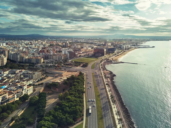 Aerial Panorama Palma Mallorca Cscape 城市风光 沿着棕榈树排列在海滨 宁静的地中海 多云的天空笼罩着风景如画的城镇风景 西班牙巴利阿里群岛 — 图库照片